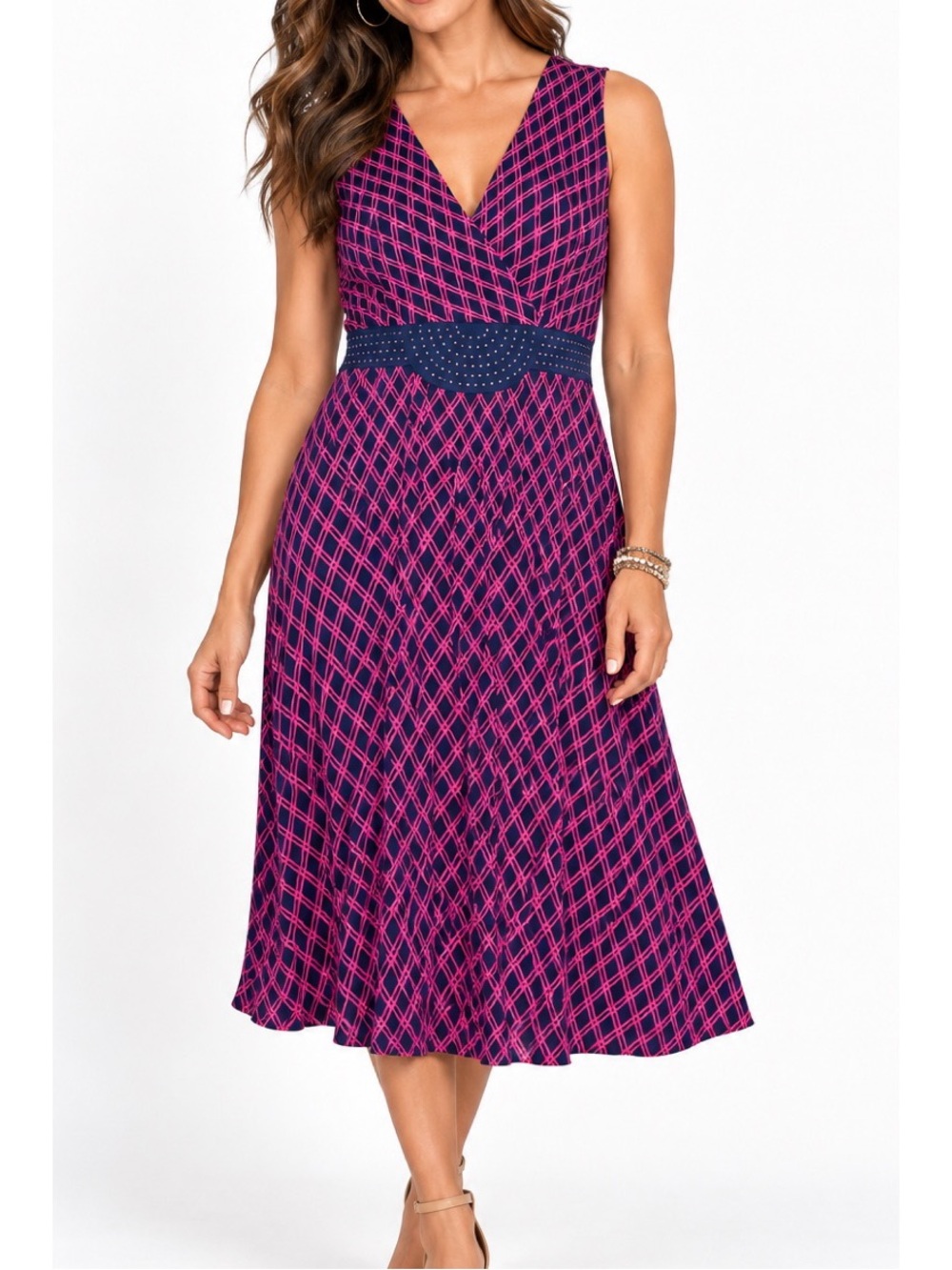 George Sleeveless navy-purple midi dress featuring vibrant pink geometric print